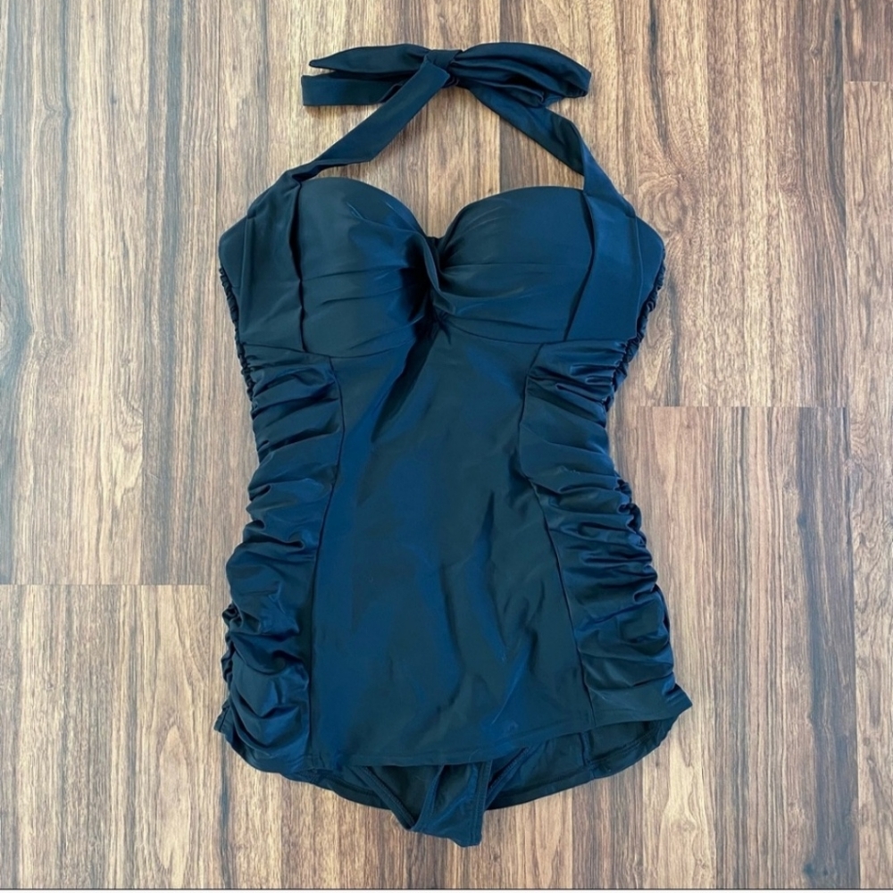 Unique Vintage Corinne Halter Swimsuit Black NWT
